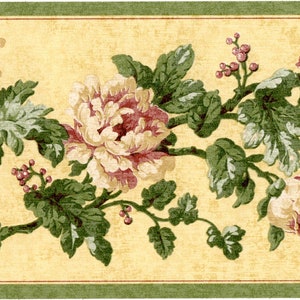 Vintage Blumen-Tapetenborte, staubige Rosenkohlrosen mit Laub auf gelbem Hintergrund, Cottage-Wanddekor, 4 m x 11 cm