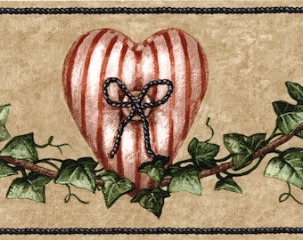 Cenefa de papel pintado Country Heart Ivy, decoración de pared rústica de vides en tonos tostados y rojos, preencolada, 10,8 cm de ancho.
