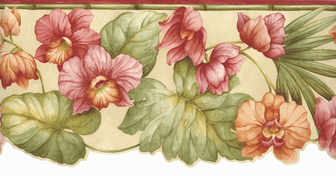 Scalloped Pink Flower Wallpaper Border, Tropical Leaf Floral Botanical