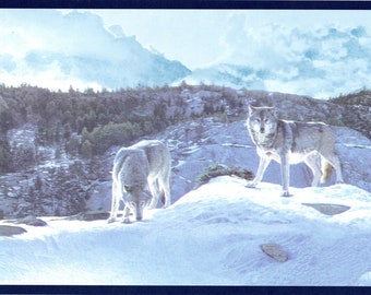 Papel pintado de manada de lobos: decoración de pared de cabaña en la montaña nevada (preencolado)