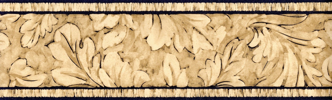 Acanthus Leaf Scroll Wallpaper Border, Light Brown Tan With Navy Blue