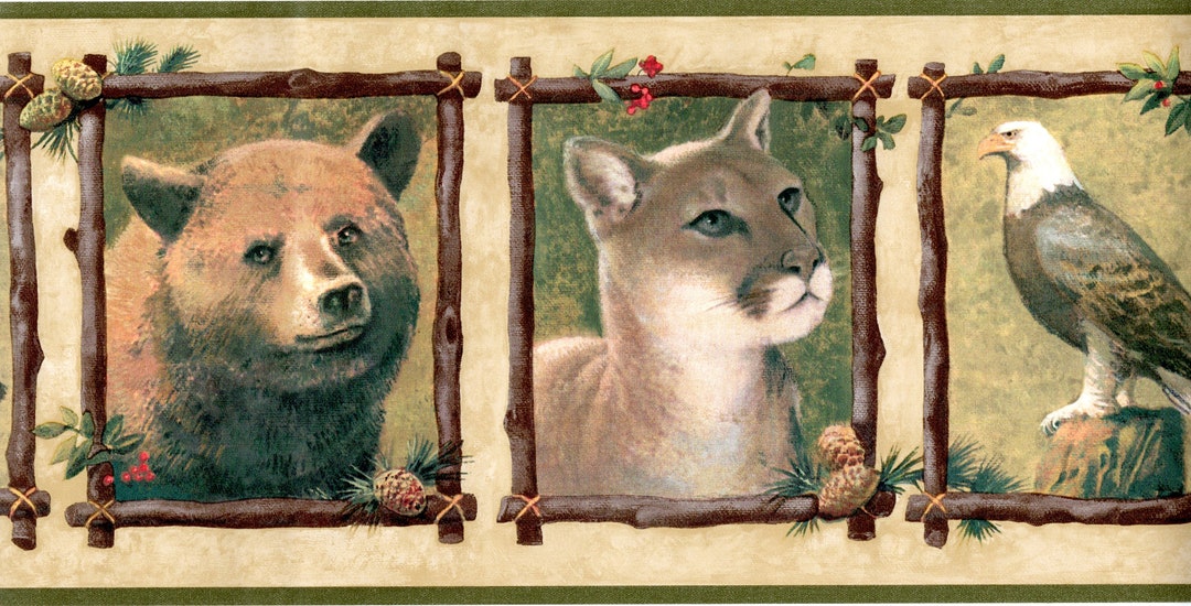 Country Wild Animals Wallpaper Border, Rustic Wooden Frame of Wild Bear