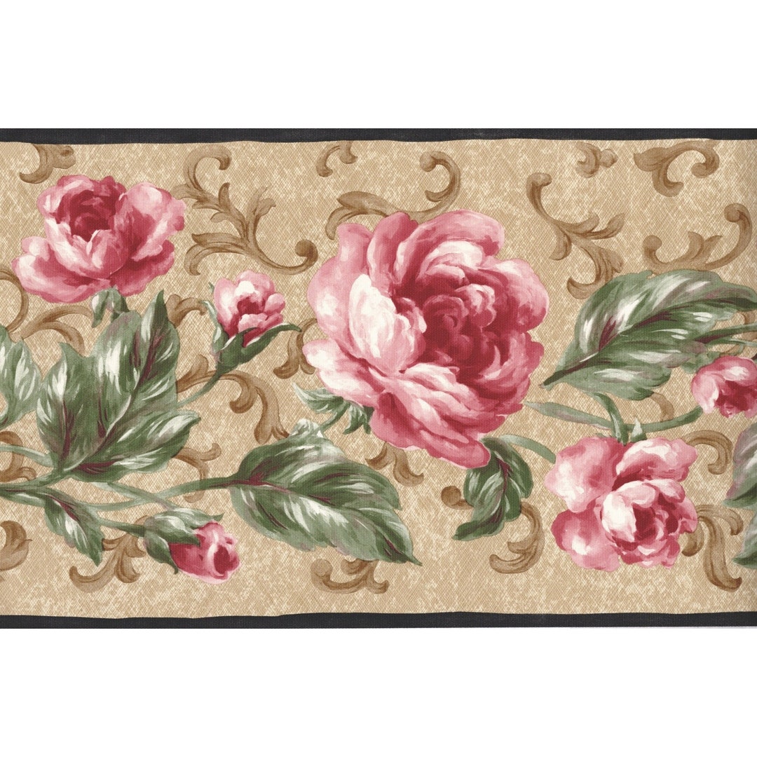 Cabbage Roses With Scroll Wallpaper Border - Cottage Floral, Black ...