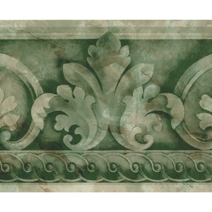 Jade Grün Architektonische Deco Akanthus-Blatt-Tapeten-Bordüre | Vorgeklebt, 40 x 17 cm