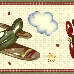Vintage Airplane Wallpaper Border, Green Brown Blue Cloud Star Vintage Aircraft Planes Children Wallpaper Border, Kids Room Wallpaper border