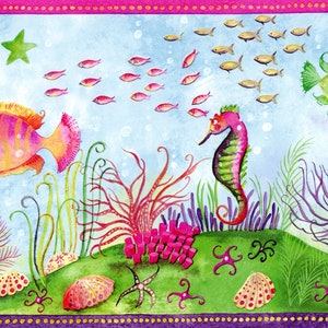 May include: A watercolor illustration of an underwater scene with a pink and orange fish, a seahorse, starfish, and coral. The background is a light blue with a school of small pink fish swimming.