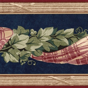 Vintage karierter Swag mit Efeublatt-Tapetenborte | Marineblau, Braun | Vorgeklebt | 5 m x 17 cm.