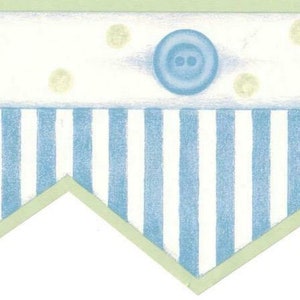 Blue Striped Banner Wallpaper Border, Nursery Blue Green Wallpaper, Dots Buttons Blue Stripe Die Cut Banner Wallpaper Border, Kids Wallpaper