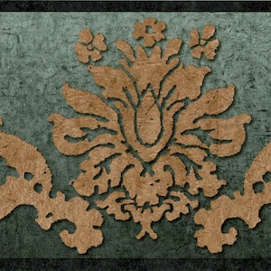 Bordo per carta da parati architettonica con motivo a foglie damascate in oro vittoriano - Verde acqua scuro, oro - Elegante bordo decorativo francese - 15' L x 10,25" W