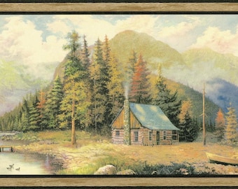 Borde de papel tapiz con escena de lago campestre, muelle de pinos, canoa y cabaña de troncos, 4,5 x 23 cm