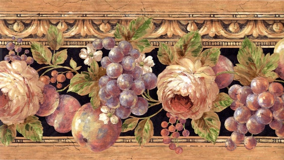 Traditional Cabbage Rose Fruit Grape Blue Flower Floral Rose Wall paper Border 