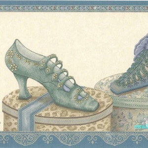 Vintage Viktorianische Schuhe High Heels Mode auf Display Rolle Blumenkästen Blaue Tapetenbordüre - 15 'L x 7 "B