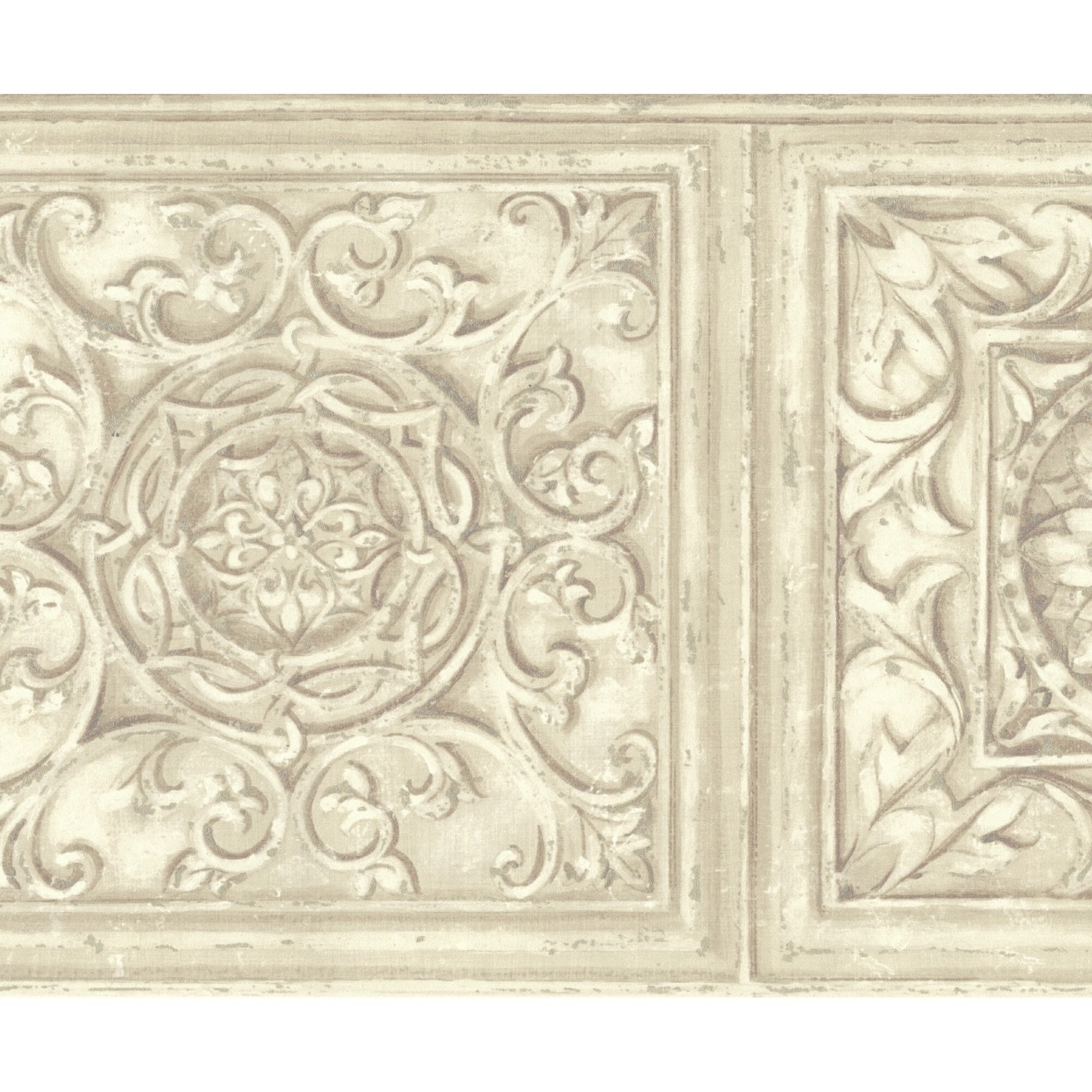 Faux Craved Wood Medallion Floral Arabesque Scroll Leaf French Architectural Wallpaper Border - Tan, Cream - Wall Trim Decor