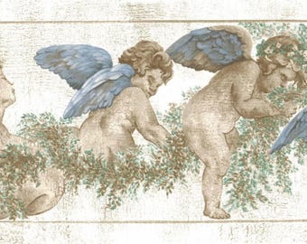 Vintage Cherub Wallpaper Border 6.8 Inch, Farmhouse Style with Floral Wreaths Vines on Crackle Background, Pre-Pasted For Easy Application