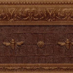 Raymond Waites Napoleonic Bee Medallion Textured Leather Looking Wallpaper Border - Brown Border - French Elegant Decor - 6.9&quot; Wide Border
