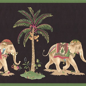 Exotischer afrikanischer Elefant mit Palmen-Tapetenrand - grüner Zierteil und schwarzem Hintergrund - Tropische Tapete - 4 m x 25 cm