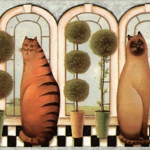 May include: Five cats of different breeds and colors are standing in front of a window with a checkered floor. The cats are looking at the viewer. There are potted plants with round leaves in front of the cats.