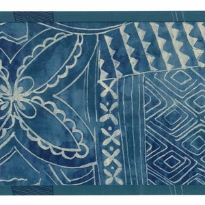 Indigo Batik Muster Tapetenbordüre, abstraktes, geometrisches Design in Blau und Weiß, Wanddekor für Schlafzimmer oder Wohnzimmer, 4 m x 18 cm