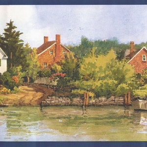 May include: A watercolor painting of a waterfront scene with houses, trees, and sailboats. The houses are painted in shades of white and red, and the trees are green. The sailboats are white and have brown masts. The water is blue and reflects the sky and the houses.