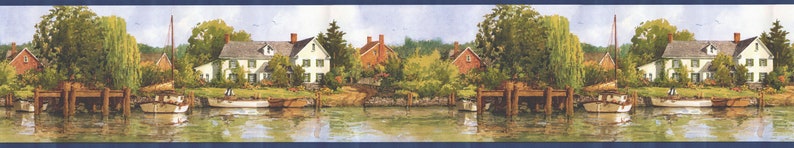 May include: A watercolor painting of a waterfront scene with houses, trees, and sailboats. The houses are painted in shades of white and red, and the trees are green. The sailboats are white and have brown masts. The water is blue and reflects the sky and the houses.