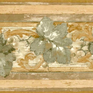 Weinblätter auf rustikaler Holzplatten-Tapetenbordüre - Grün, Gold, Braun 4 m L x 24,7 cm B