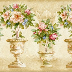 May include: A repeating pattern of floral arrangements in gold urns. Each urn is filled with pink and white flowers, green leaves, and blue berries. The background is a light beige.