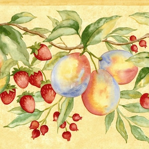 Obst-Tapetenbordüre, Gelb-Grün-Rote Beeren Hängende Früchte Hinterblätter Landküche-Tapetenbordüre, traditionelle Obstwandbordüre
