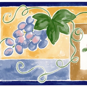May include: A decorative border featuring watercolor illustrations of various fruits. The design includes red strawberries, purple grapes, and red raspberries, with green leaves and vines. The background is a patchwork of brown, blue, and yellow squares, framed by a dark blue border.