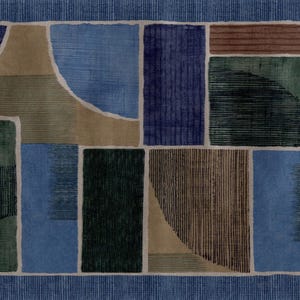 May include: Abstract geometric rug with a blue border. The rug features a patchwork design with squares, rectangles, and circles in shades of blue, green, brown, and tan. The design has a textured appearance.