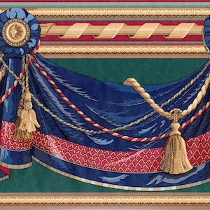 Vintage Swag Drapery Tapetenborte | Dunkelgrün, Marineblau, Hellbraun, Braun | Vorgeklebt | 15' L x 26,6 cm B