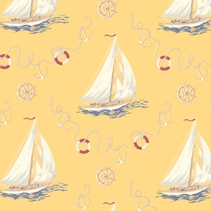 May include: A repeating pattern on a yellow background features sailboats, anchors, life preservers, and ship wheels. The sailboats have white sails and are sailing on blue water. The anchors are connected to ropes.