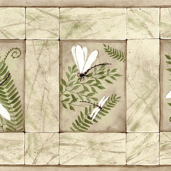 Botanical Wallpaper Border - Tropical Leaves Wall  Border with White Dragonflies on Nature Panel - Living Room Decor - Kitchen Wall Decor