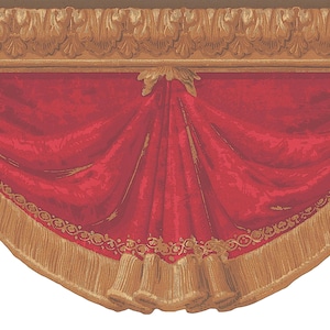 Raymond Waites Red Velvet Swag Wallpaper Border, Vintage Die Cut Curtains Design Theater Wall Decor , Un-pasted Traditional Borders