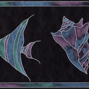 May include: A black and white wallpaper border with a repeating pattern of a seahorse, a fish, and a seashell. The seahorse is green and purple, the fish is blue and green, and the seashell is purple and pink.