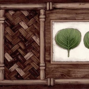 Tropical Tree Leaf Wallpaper Border, Green Leaves in Frame & Brown Bamboo Lattice Ornate Kitchen Wallpaper Border, Leaves Wallpaper Border