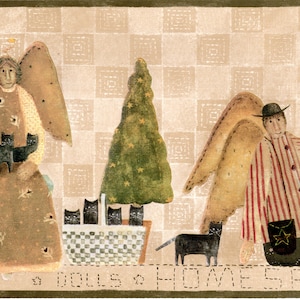 Carol Endres Primitive Volkskunst Baum Katze Vogel Engel Wallpaper Bordüre | Hellbraun, Grün, Schwarz, Braun | Vorgeklebt, 15 'L x 9' B