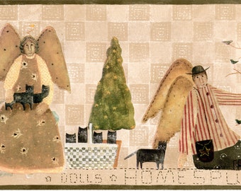 Borde de papel tapiz con diseño de árboles, gatos, pájaros y ángeles de Carol Endres, arte popular primitivo, marrón, tostado, verde, negro y marrón, preencolado, 15 pies de largo x 9 pulgadas de ancho