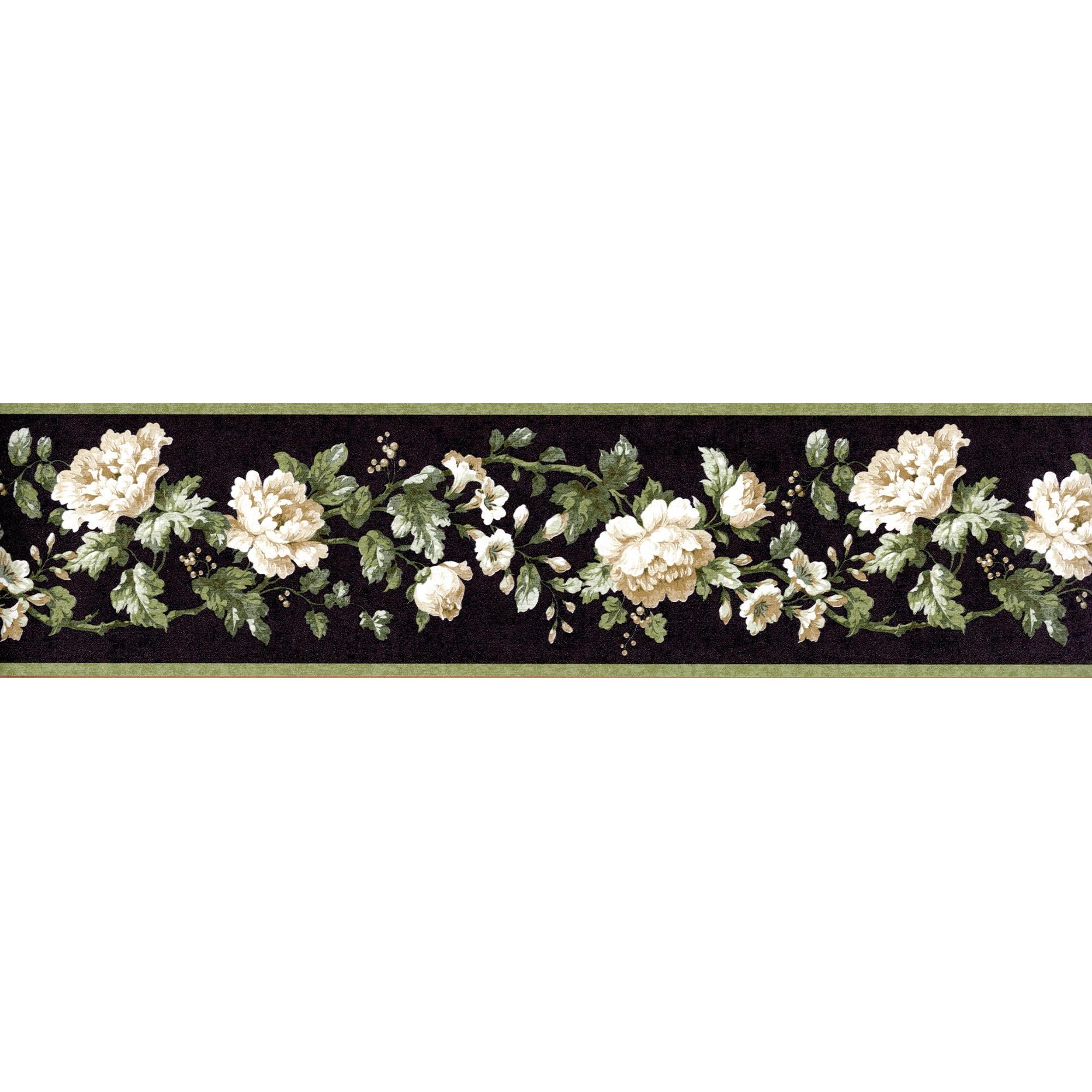 Victorian Cabbage Rose Wallpaper Border, White on Black, Pre-pasted 4 ...