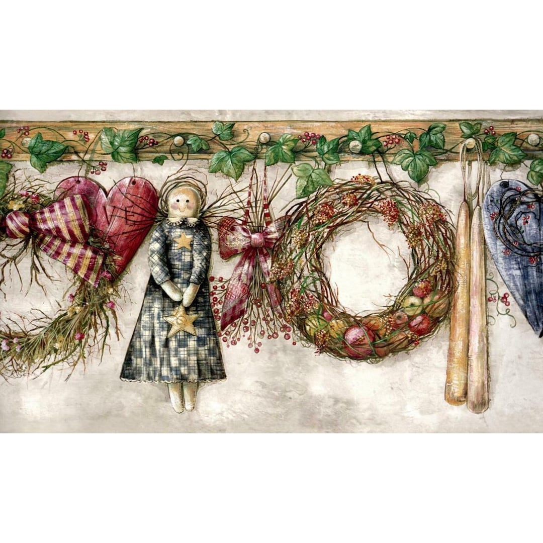 Primitive Country Wallpaper Border Rustic Ivy, Hearts & Wreaths Rustic Home Wall Decor Pre