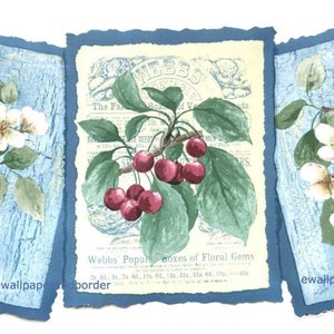 Die geschnittene Blumen-Samen-Etiketten-Tapetenbordüre, weiße Blumen-Kirschblüten-grüne Blatt-Tapetenbordüre, Blumengarten-Küchen-Tapetenbordüren