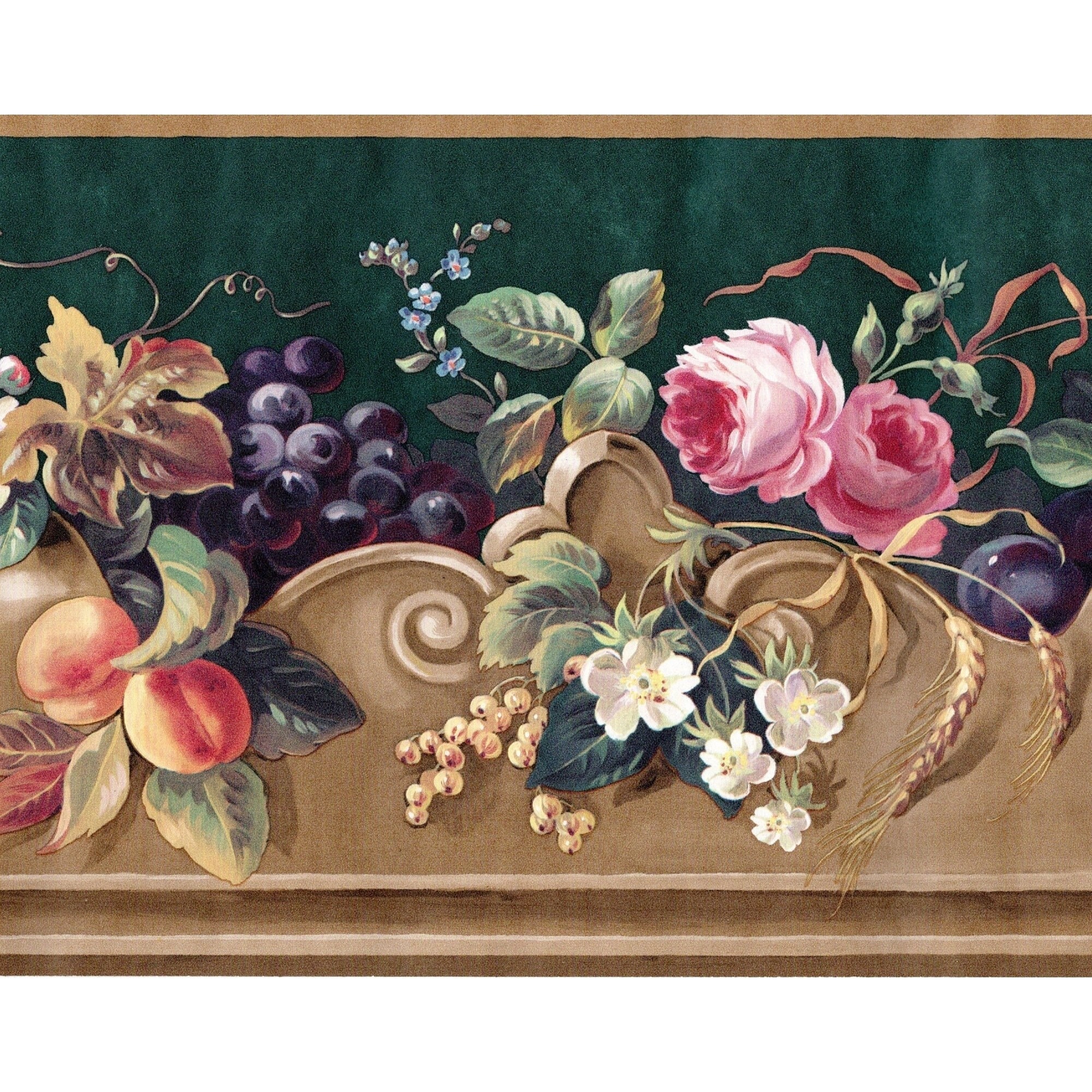 Vintage Floral and Architectural Ornamental Cottage Wallpaper Border - Pink Rose and Grape Vine - Fruits and Floral Wall Border - Wall Trim