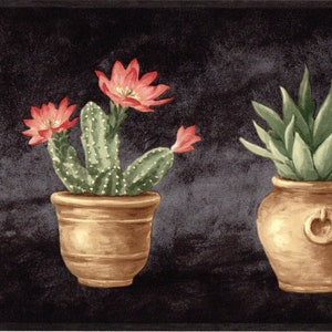 Cactus del sud-ovest in vaso su sfondo nero, bordo per carta da parati, nero, marrone, rosso, bordo preincollato, 15' L x 7" W