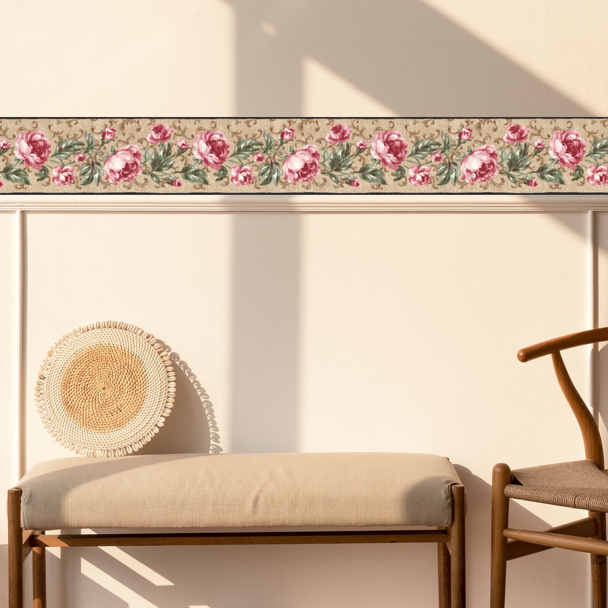 Cabbage Roses With Scroll Wallpaper Border - Cottage Floral, Black ...