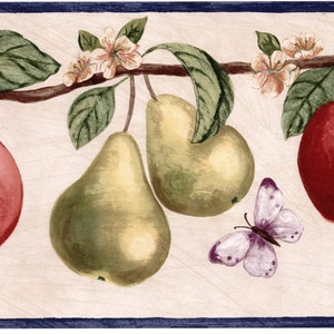 Bordo per carta da parati con fiori di melo, bordo per carta da parati con frutta appesa primitiva, mele, pere, fiori e farfalle, bordo per carta da parati con frutta e fiori
