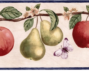 Apple Blossom Wallpaper Border, Primitive Hanging Fruits Apples Pear Floral & Butterfly Wallpaper Border, Fruit and Flower Wallpaper Border