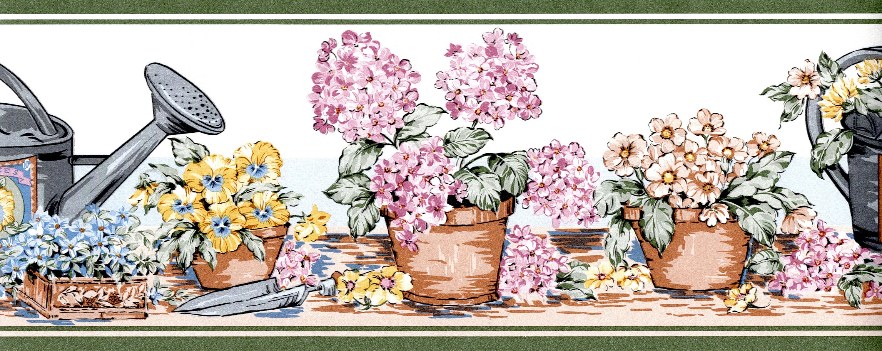 Flower Garden Wallpaper Border Country Flower Pot Watering Etsy