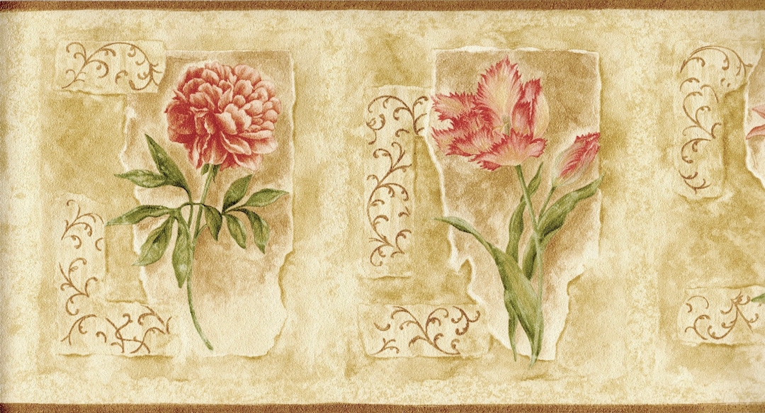Oriental Floral Wallpaper Border,rose Pink Asian Flowers on Brown Beige