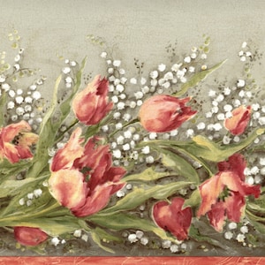 Tulpen und Maiglöckchen Blumentapetenbordüre - Grün, Weiß, Grau - Blumenwandbordüre - 15 'L x 9,75' B