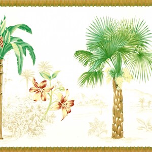 Tropische Palmen-Tapetenbordüre, botanisches Design mit exotischen Blumen, Küstenwanddekor, 4 m x 32 cm