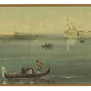 May include: An antique watercolor painting depicting a Venetian canal scene. A gondola with a gondolier is in the foreground, with other boats and buildings in the background. The painting has a warm, muted color palette.